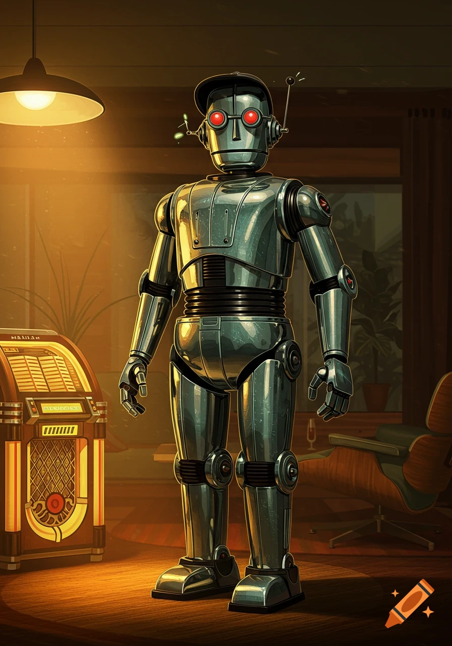 A retro-style robot with red eyes stands next to a vintage jukebox in a dimly lit, warm-toned room.