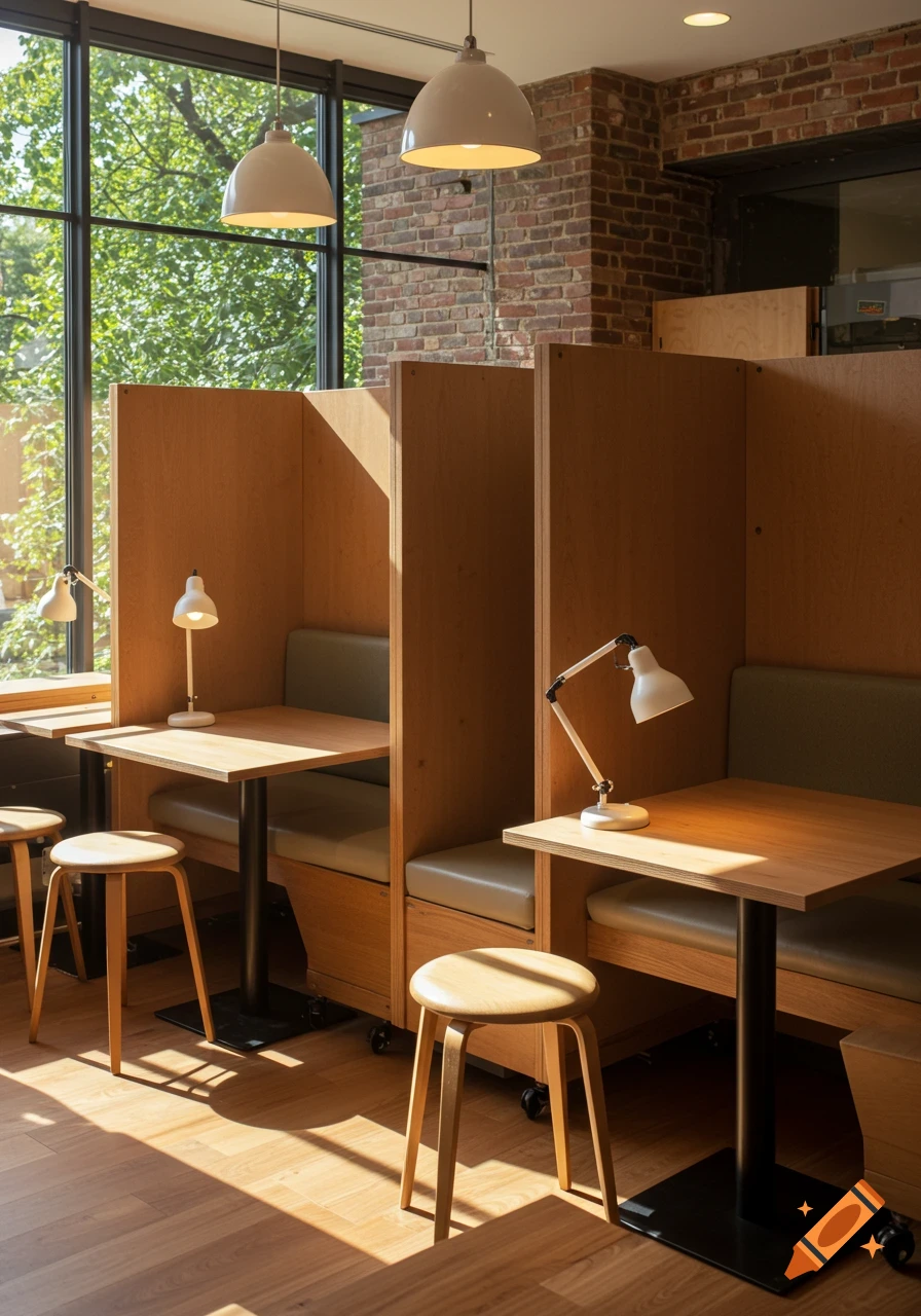 Sunny cafe interior with wooden booths, tables, stools, pendant lights, a large window, and brick wall.