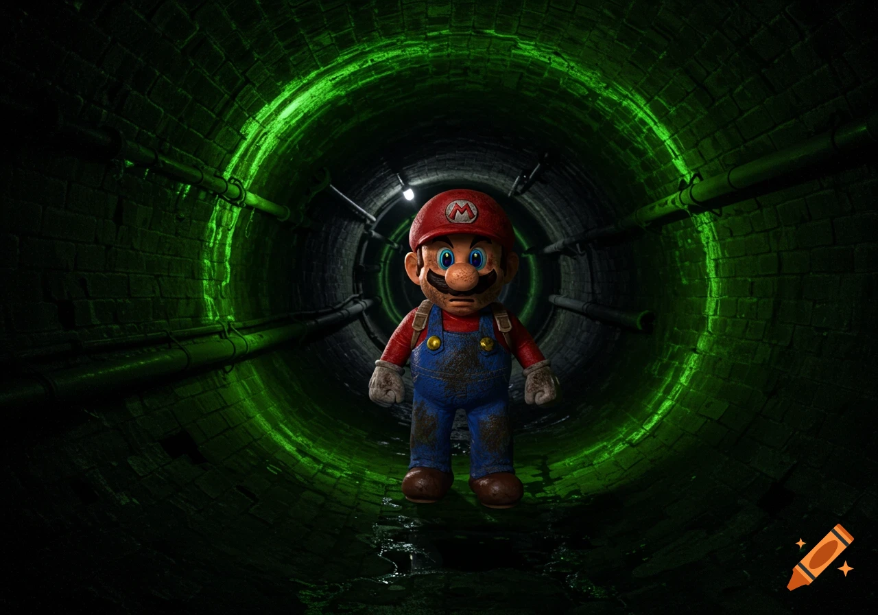 Photorealistic Super Mario standing in a dark, glowing green sewer tunnel.