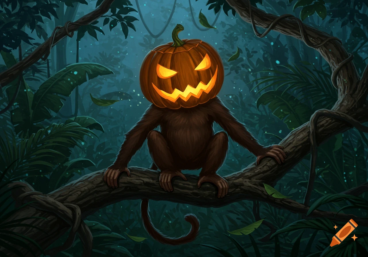 A monkey with a glowing jack-o-lantern head sits on a tree branch in a dark, mystical jungle at night, with leaves falling.