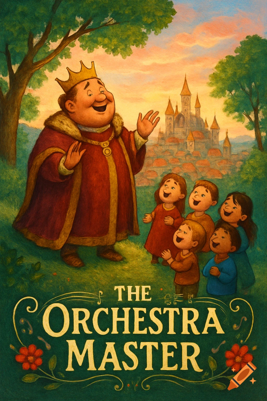 Storybook illustration of a king and joyful children on a hill overlooking a castle, with text 'THE ORCHESTRA MASTER'.
