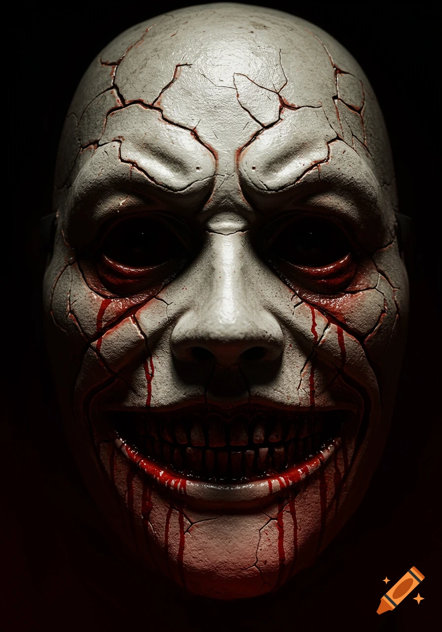 Close-up of a terrifying, cracked pale horror mask with blood dripping from a wide crimson grin and hollow black eyes, against a dark background.