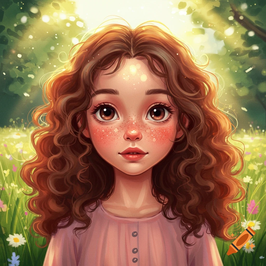 Stylized illustration of a cute girl with curly brown hair and freckles, wearing a pink shirt, in a sunny field.