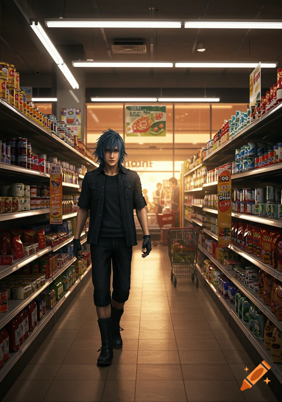 A stylized man with spiky dark blue hair and a black outfit walks down a brightly lit supermarket aisle with shelves full of products.