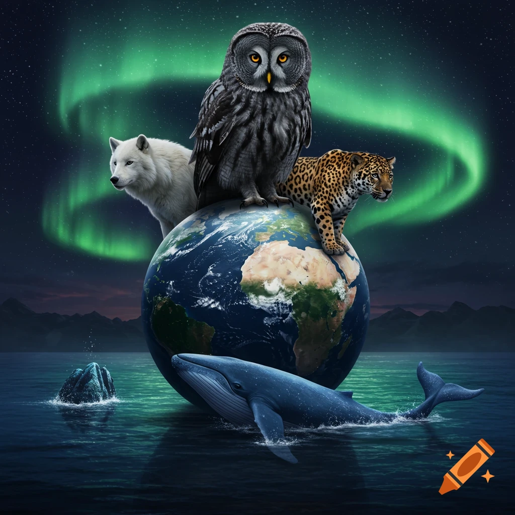 A photorealistic composite of an owl, wolf, and jaguar on a globe, with a whale in the ocean and aurora borealis in the night sky.
