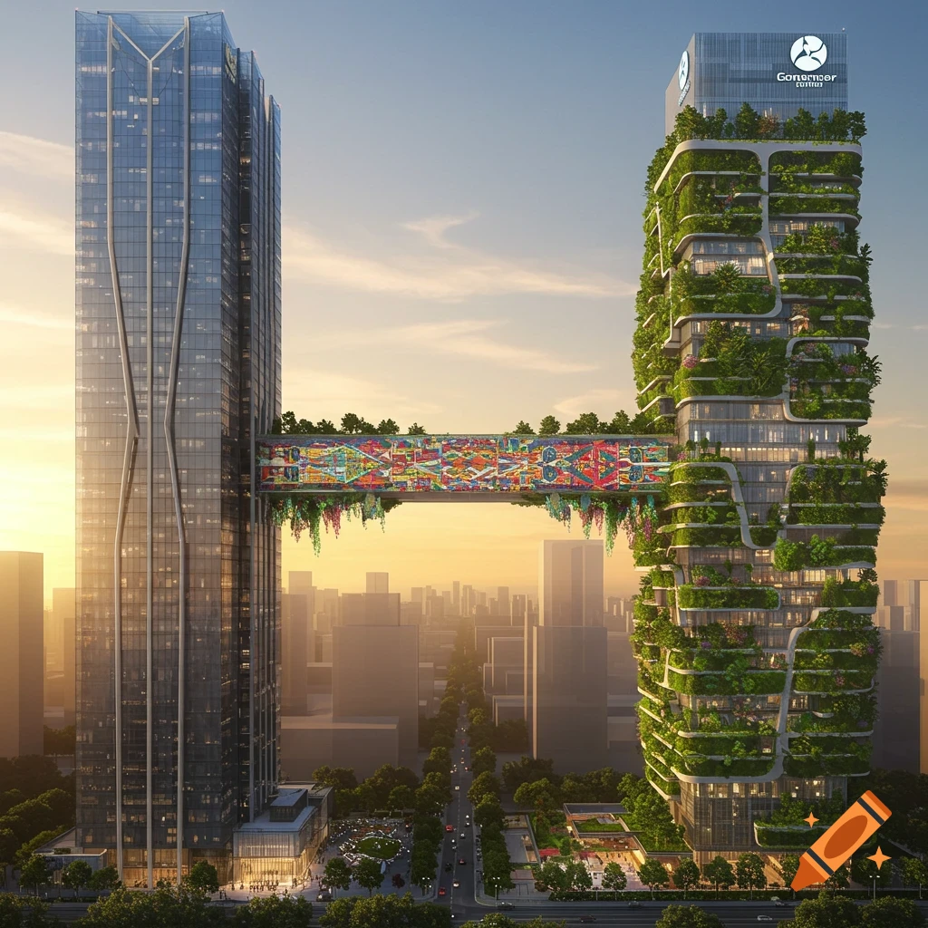 Two modern skyscrapers, one glass and one covered in greenery, connected by a colorful art-covered skybridge in a city at sunset.