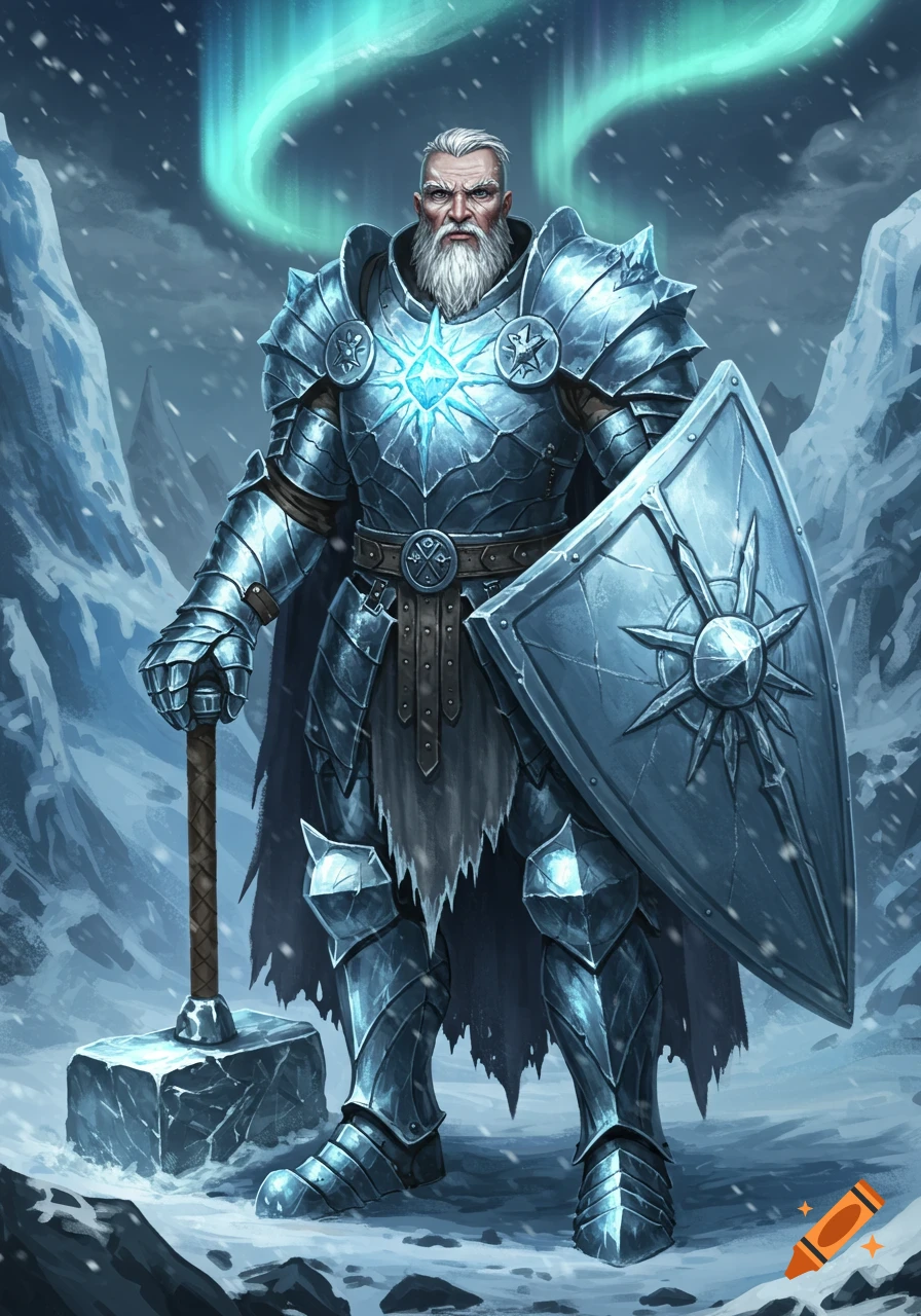 A heavily armored ice knight with a white beard holds a warhammer and shield in a snowy, mountainous landscape under an aurora borealis.