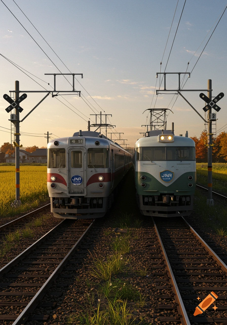Photorealistic image of two Japanese trains, one silver-red and one green-white, on parallel tracks in a rural landscape at sunset.