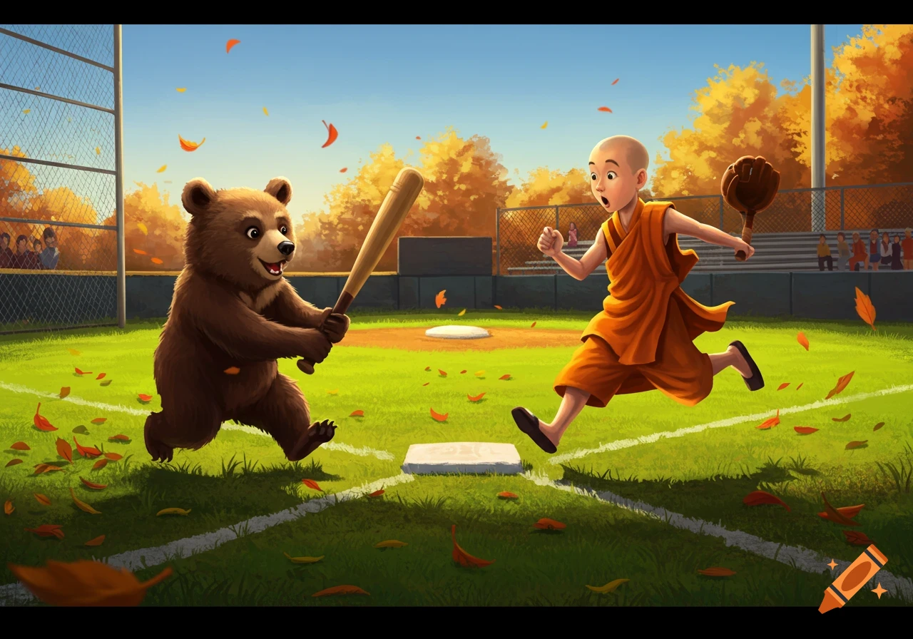 A cartoon bear cub with a baseball bat chases a monk across a baseball field with autumn leaves.