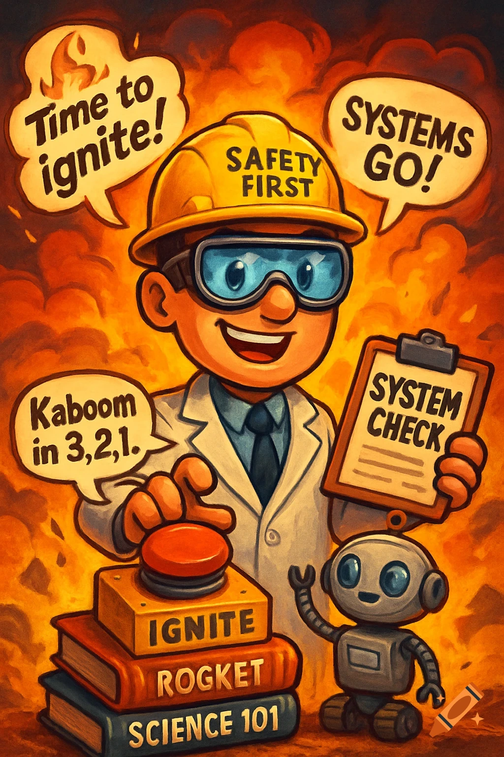 A smiling cartoon scientist in a hard hat and lab coat, goggles, holding a clipboard and pressing a red "Ignite" button on books, with a small robot and fiery background. Speech bubbles read "Time to ignite!", "Systems Go!", and "Kaboom in 3, 2, 1.".