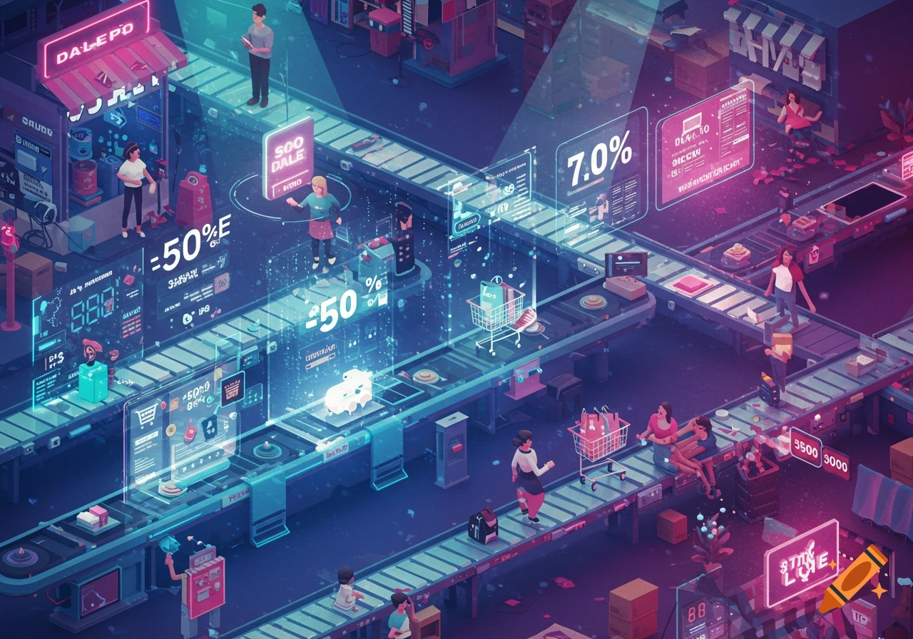 An isometric illustration of a futuristic e-commerce factory with conveyor belts, people, shopping carts, and glowing holographic displays showing numbers and garbled text.