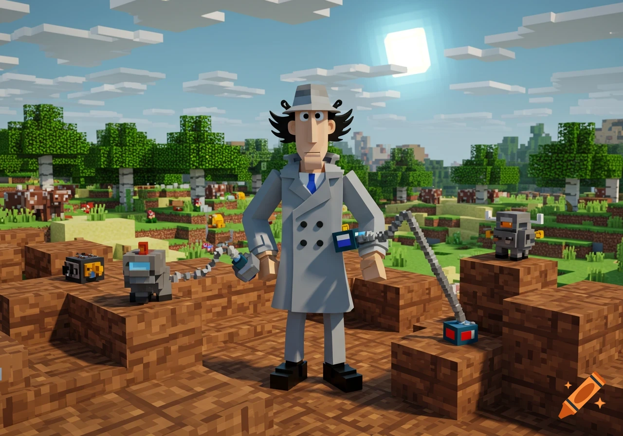 Inspector Gadget stands with small robots in a blocky Minecraft landscape under a bright sky.