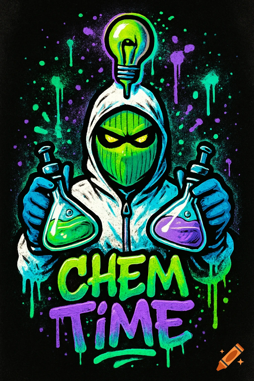Bold neon graffiti art of a masked figure in a hoodie holding lab beakers, with a light bulb above head, and "CHEM TIME" text.