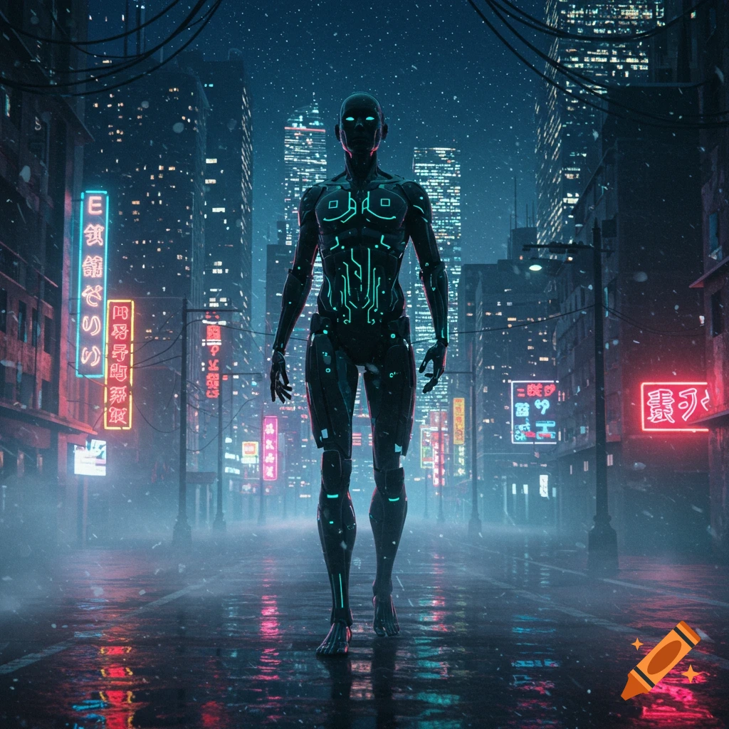A dark humanoid robot with glowing blue eyes and teal circuits stands on a wet, neon-lit cyberpunk city street at night, with snow falling.