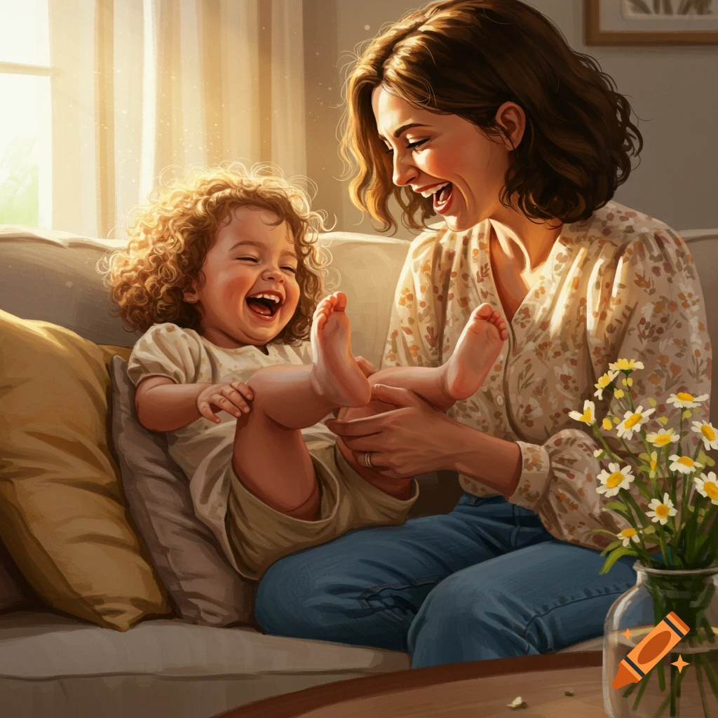 A mother tickles her laughing toddler daughter's feet on a sunlit couch, capturing a joyful family moment.