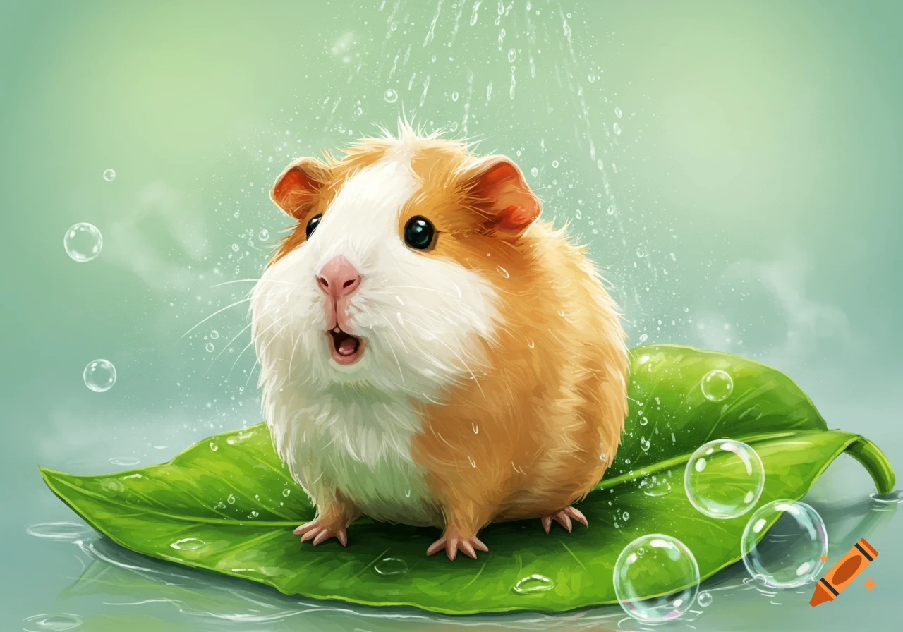 Cute cartoon guinea pig with orange and white fur sitting on a green leaf as water falls and bubbles float around it, looking surprised.