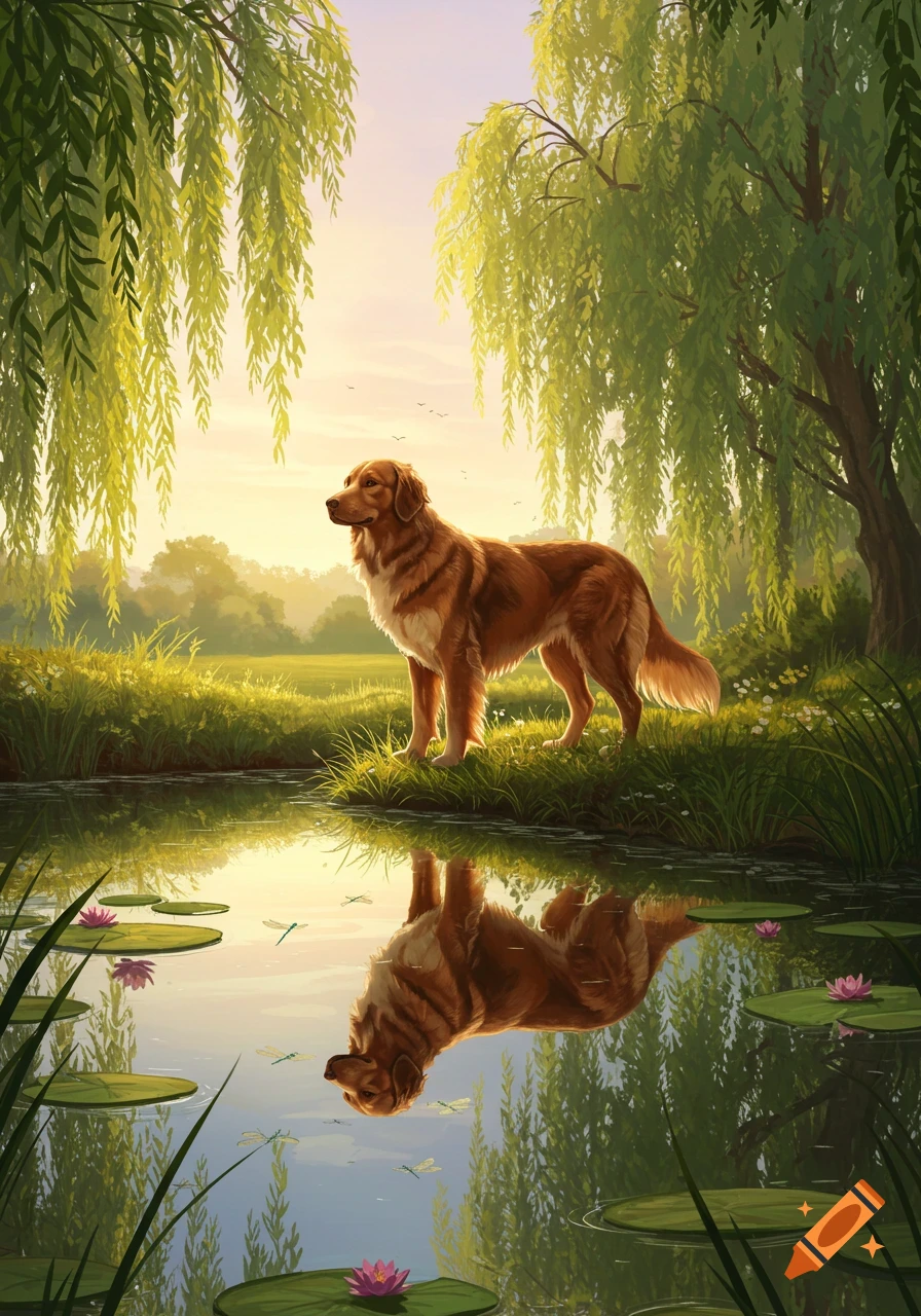 A brown dog stands by a pond reflecting its image, surrounded by weeping willows in a digital painting.