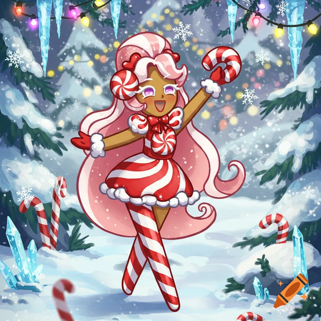 Anime character, Candy Cane Cookie, in a red and white striped outfit, holds a candy cane in a snowy winter forest with icicles and lights.