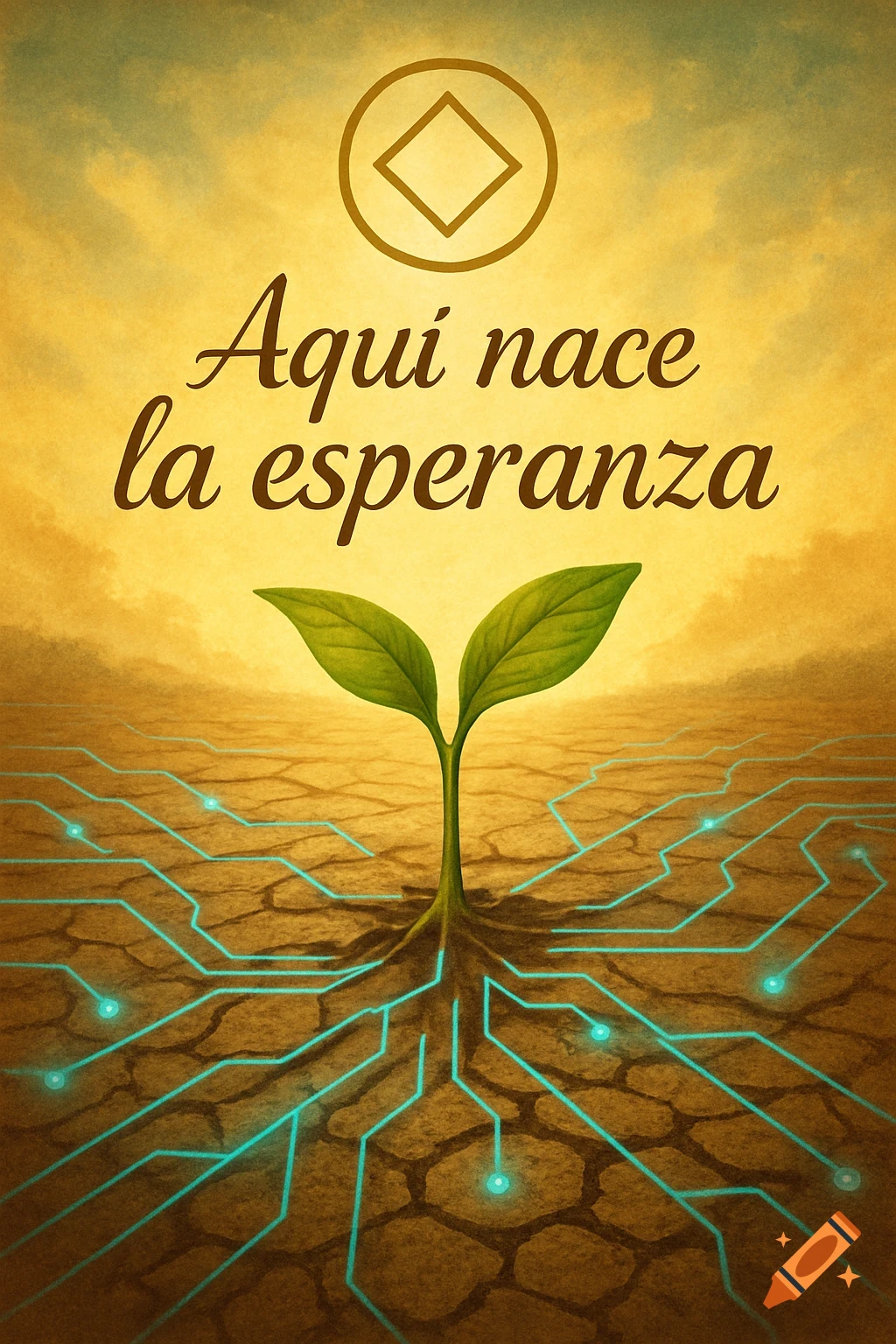 A green plant with glowing circuit roots in cracked earth. Above, a circular symbol and 'Aqu í nace la esperanza' against a warm sky.