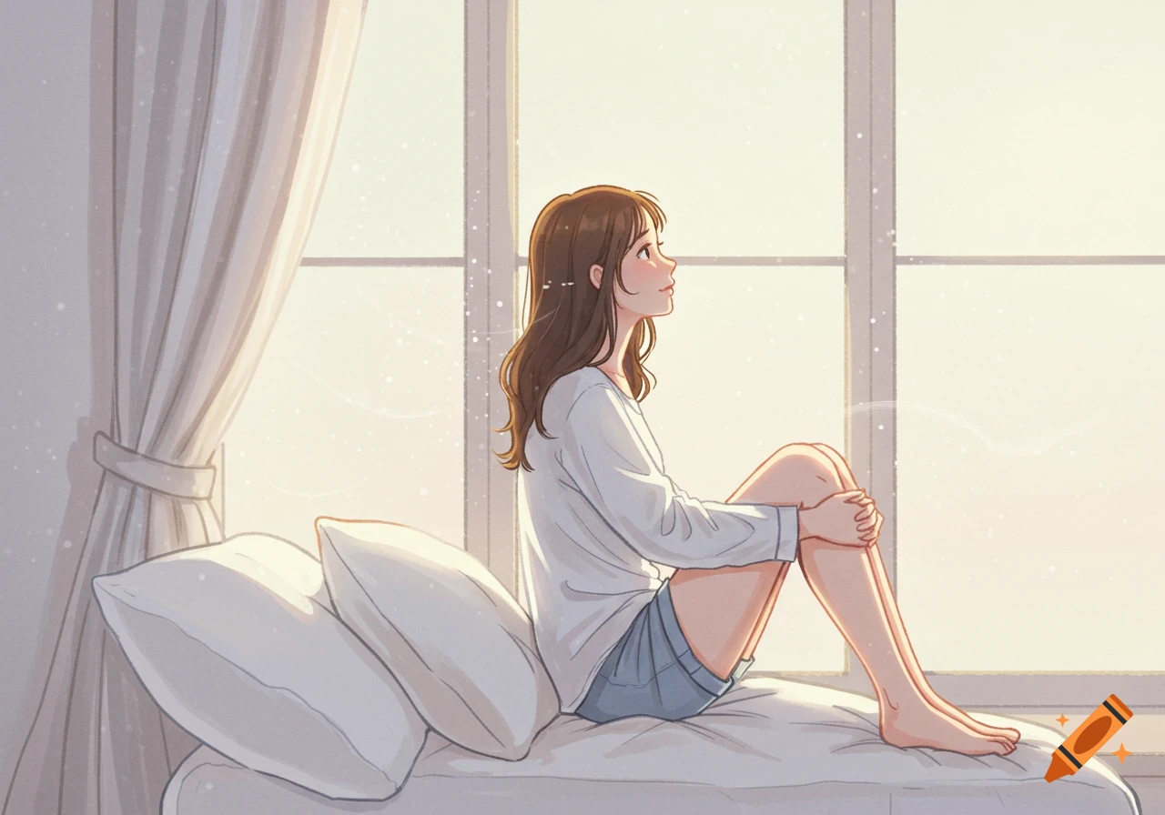 An anime-style young woman with brown hair sits on a bed by a sunlit window, looking thoughtfully into the distance.