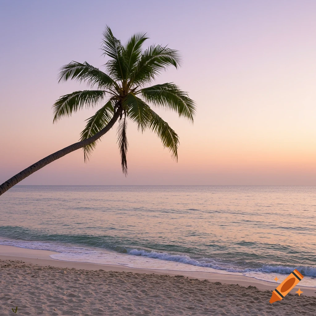 Palm tree on a sandy beach with gentle waves at sunset, calm ocean and soft gradient sky.