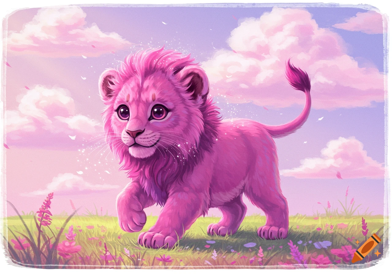 A cute, pink, cartoonish baby lion cub with large eyes walks through a field of pink and purple flowers under a pastel sky with pink clouds.