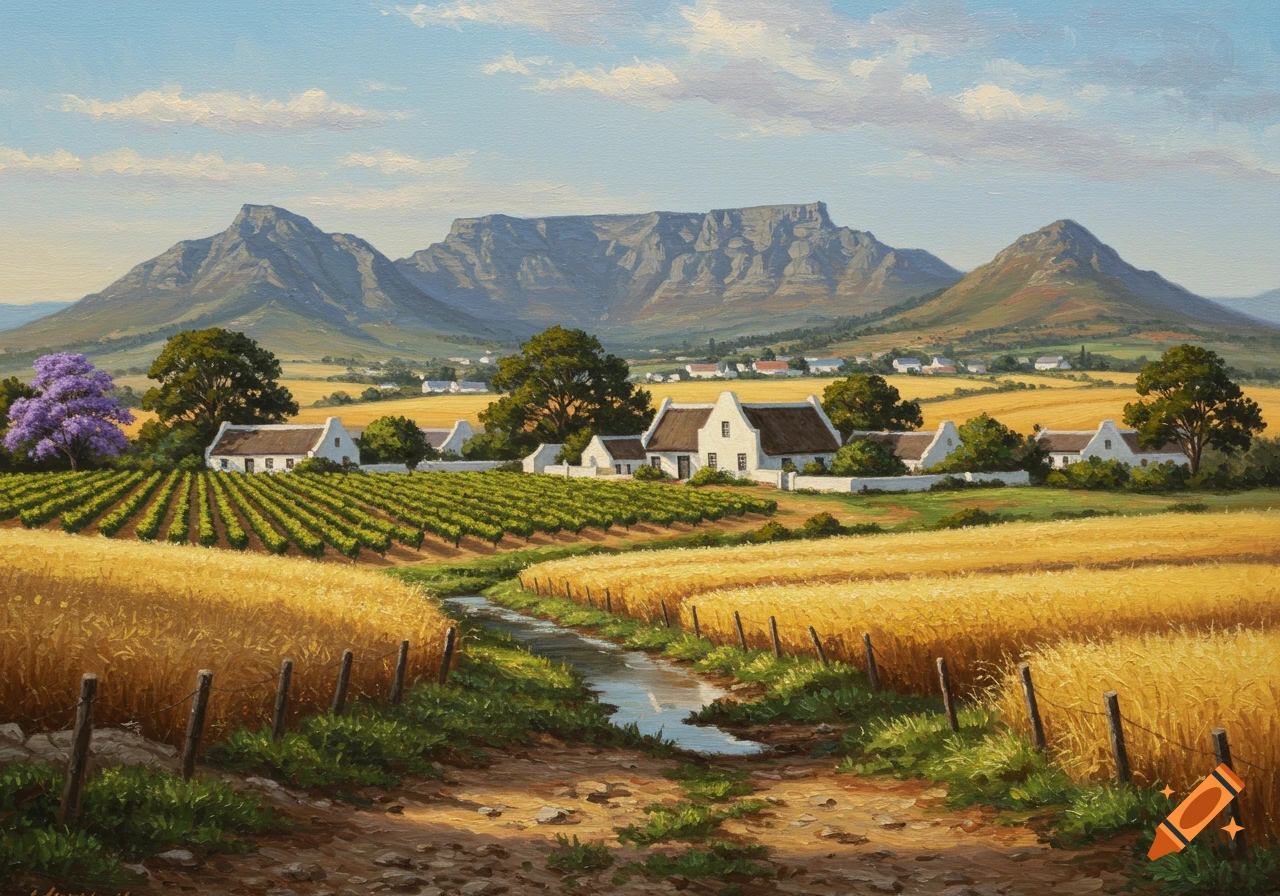 Oil painting of a scenic Cape Dutch landscape with white houses, vineyards, golden fields, and mountains under a blue sky.