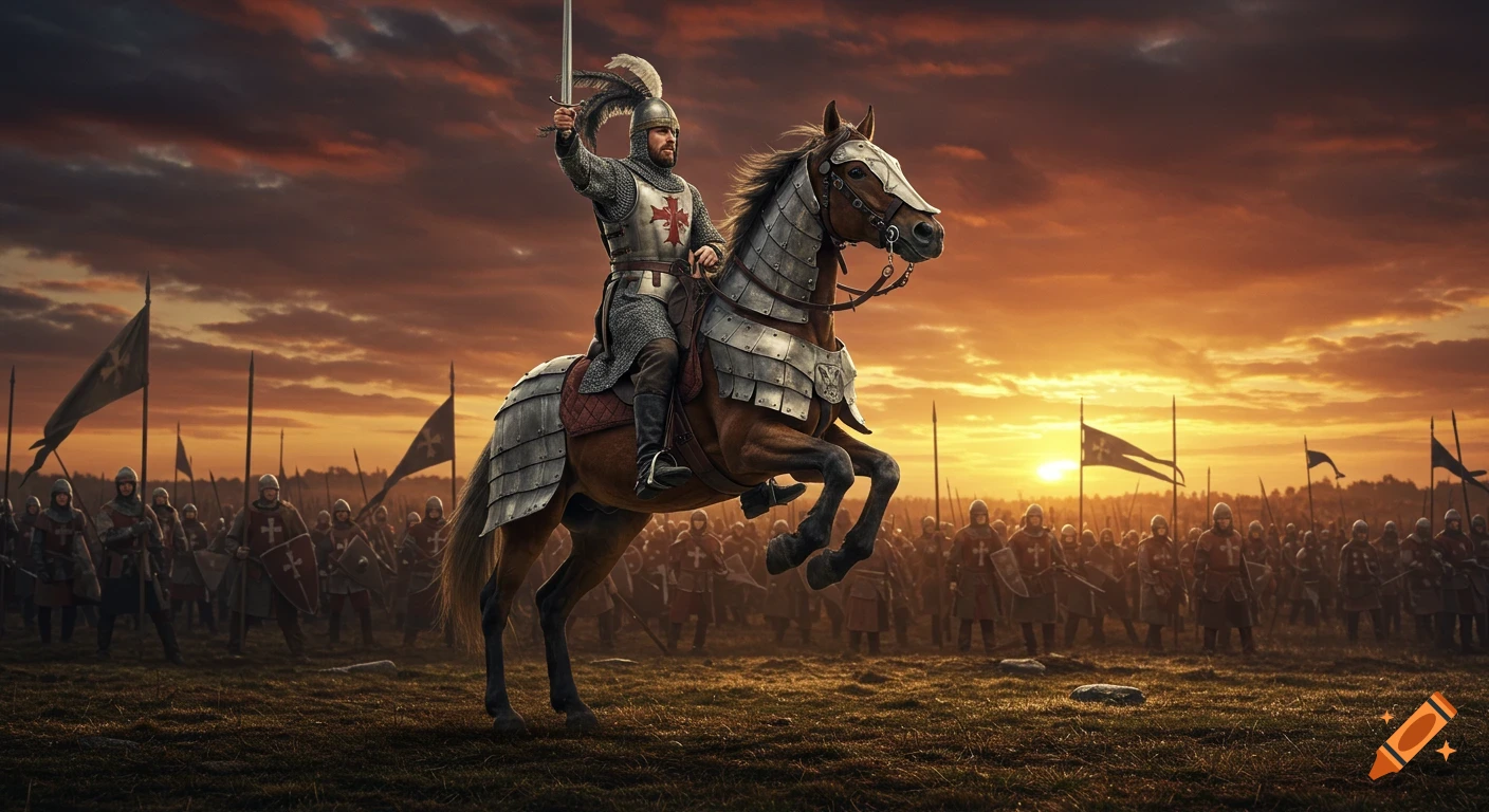 Photorealistic image of a knight in armor on a rearing warhorse, raising a sword, leading an army on a battlefield at sunset.