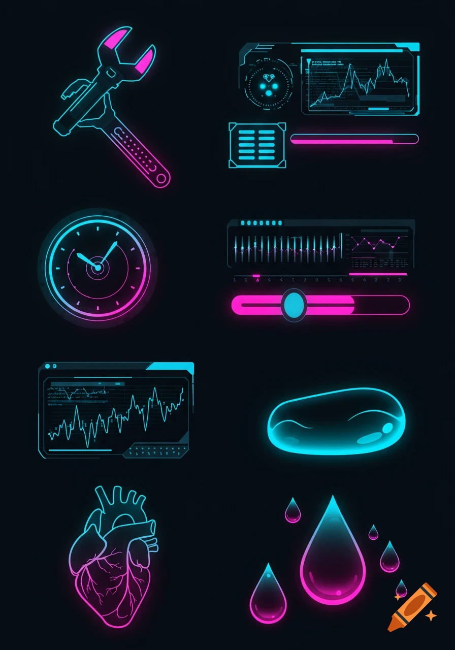 A collection of neon vector icons on a dark background, including a wrench, clock, graphs, sliders, a heart, a capsule, and liquid drops, in a futuristic UI style.