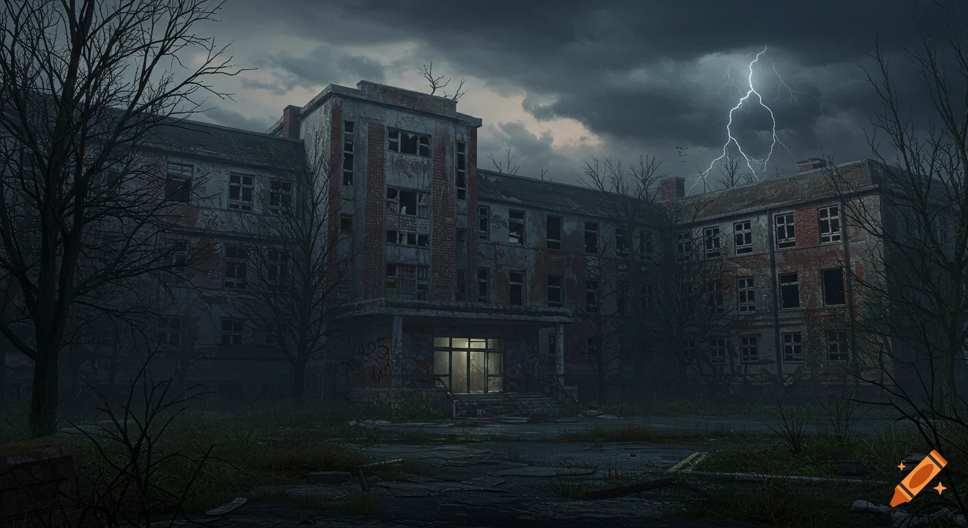 A chilling, hyper-realistic view of a long-abandoned hospital at dusk under a stormy, lightning-filled sky.