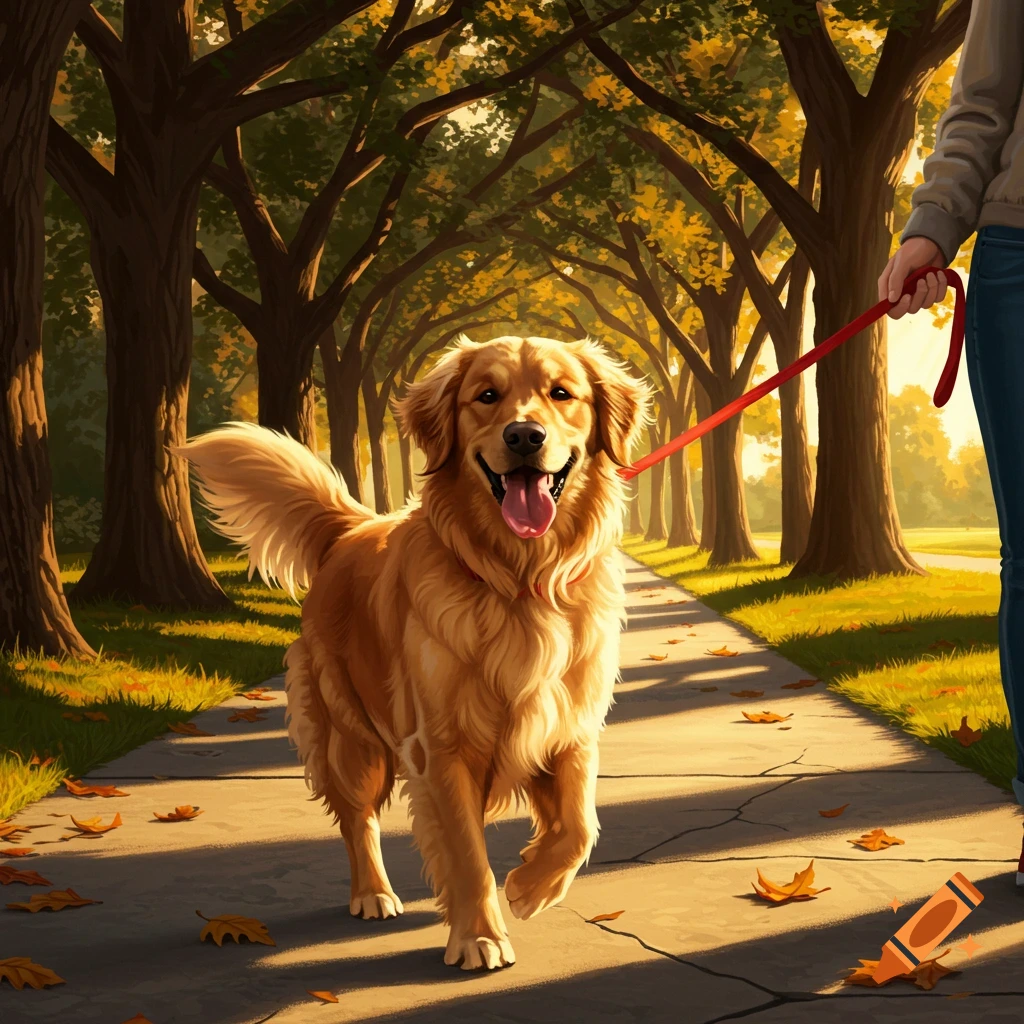 A happy golden retriever on a red leash walks with a person down a sunlit, tree-lined path in a park during autumn.