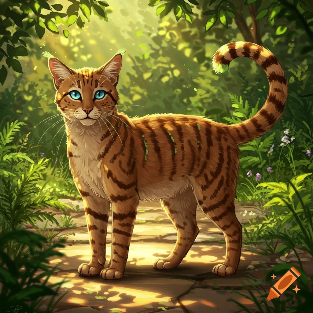 A stylized tan and brown striped cat with bright blue eyes stands on a path in a lush, sun-dappled green forest.