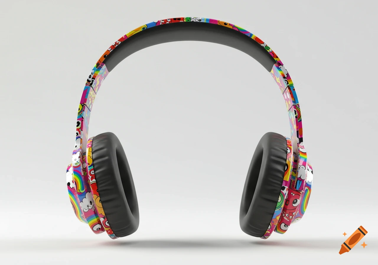 Front view of colorful headphones with a goofy cartoon pattern on a white background.