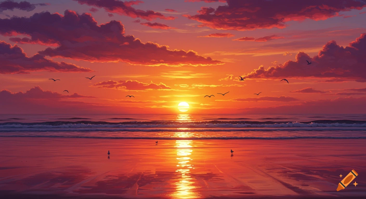 Vibrant anime-style illustration of a sunset over a calm ocean beach with birds flying and reflections on the wet sand.