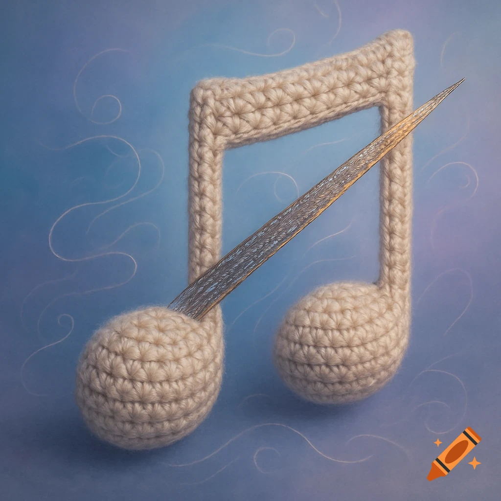A cream-colored crocheted musical eighth note with a metallic-looking slash on a soft blue background with swirling lines.