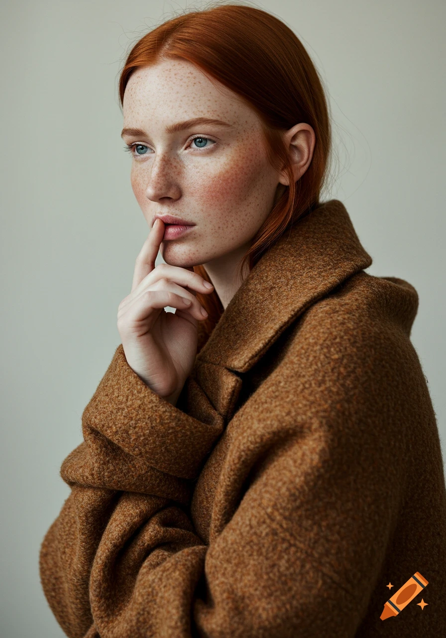 Close-up portrait of a red-haired woman with freckles and blue eyes, touching her lips thoughtfully, wearing a brown textured coat.
