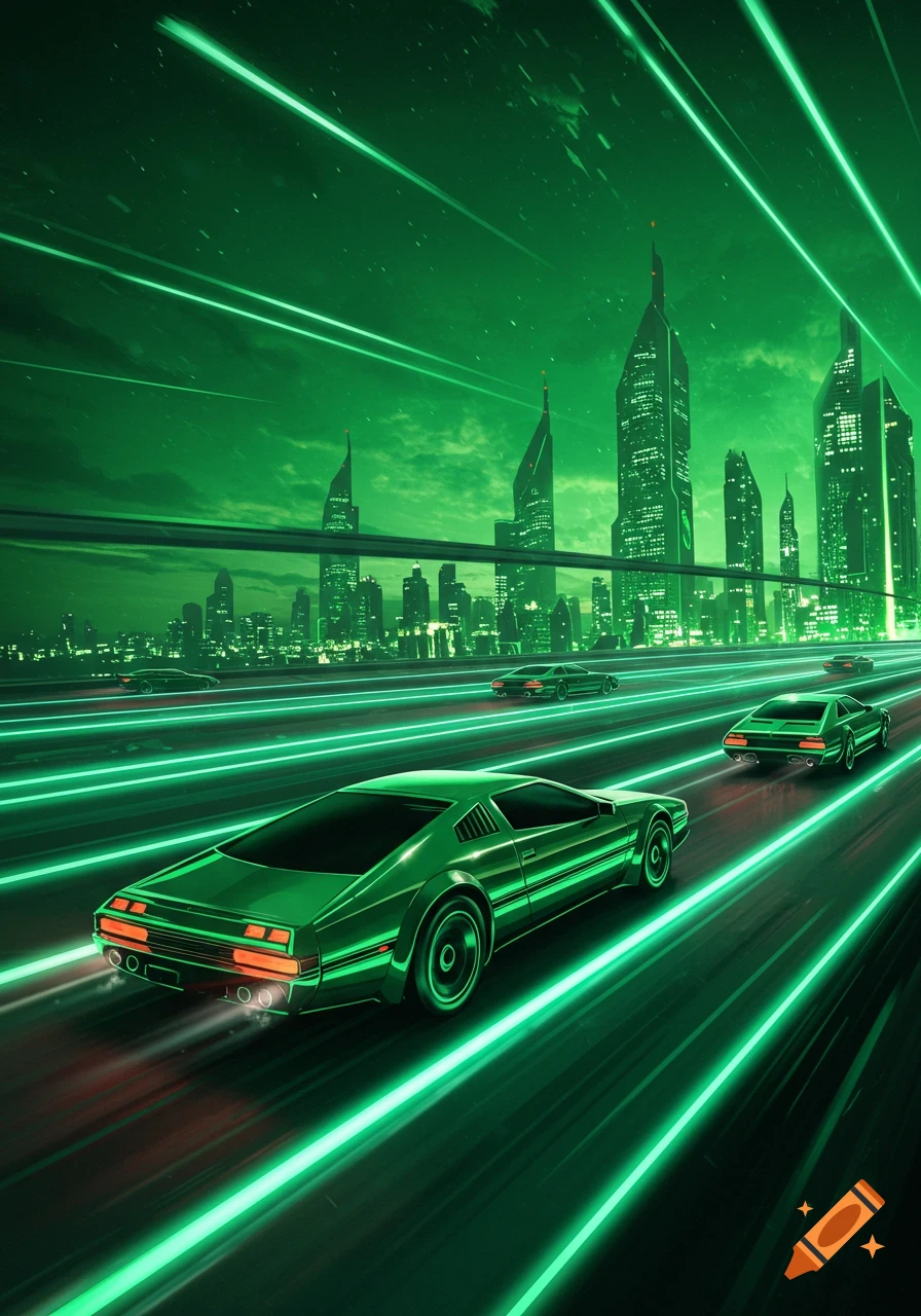 Green futuristic cars on a neon-lit highway in a cyberpunk city under a green sky.