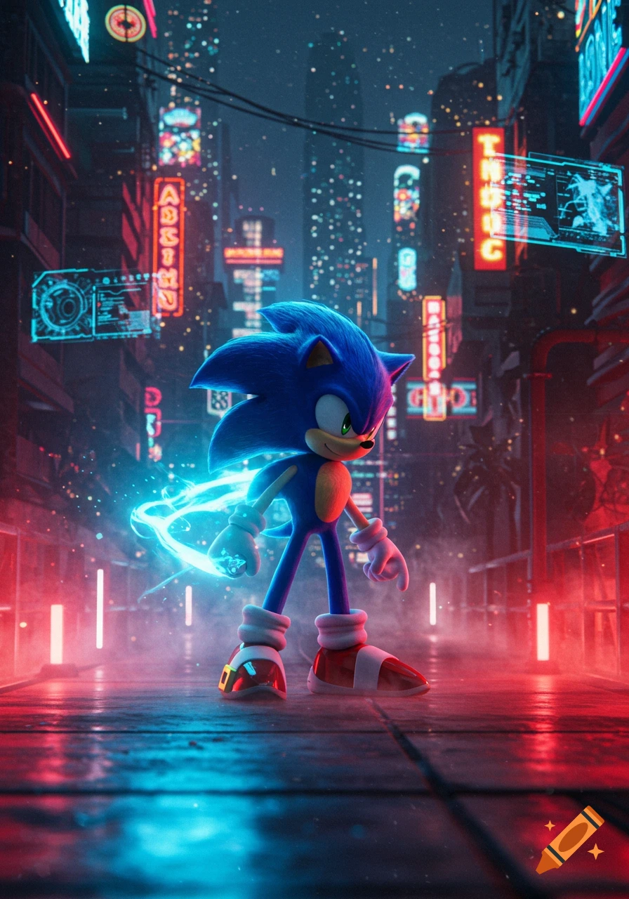 Vibrant digital illustration of Sonic the Hedgehog with glowing blue streaks, standing in a futuristic cyberpunk city lit by red and blue neon.