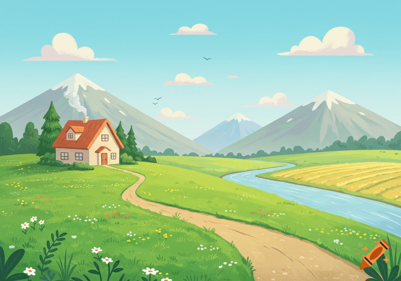 Cartoon illustration of a charming house in a vibrant green landscape with a winding path, a river, and snow-capped mountains.