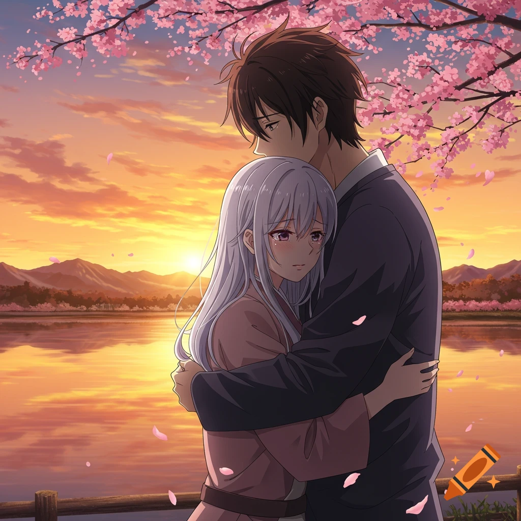 Anime man embraces a crying woman under blooming cherry trees at sunset by a lake.