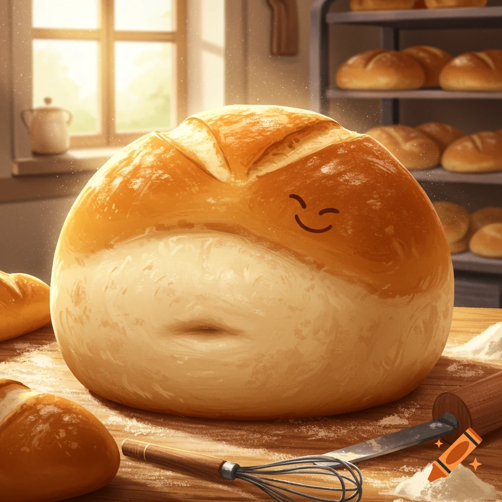 A cute, plump, anthropomorphic bread roll with a happy face and belly button on a bakery counter with baking tools.