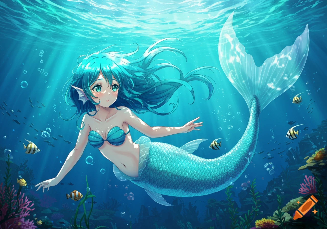 Anime mermaid with flowing teal hair and tail swims gracefully underwater among fish and coral.
