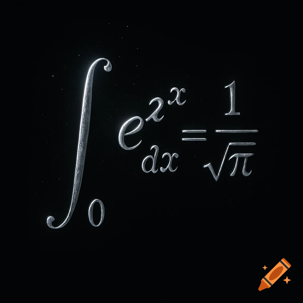 A silver embossed mathematical equation, integral from 0 of e^(2x) dx = 1/sqrt(pi), on a black background.