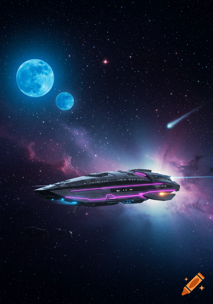 A futuristic spaceship with glowing pink and blue lights flies through a star-filled galaxy with two bright blue moons and nebulae.