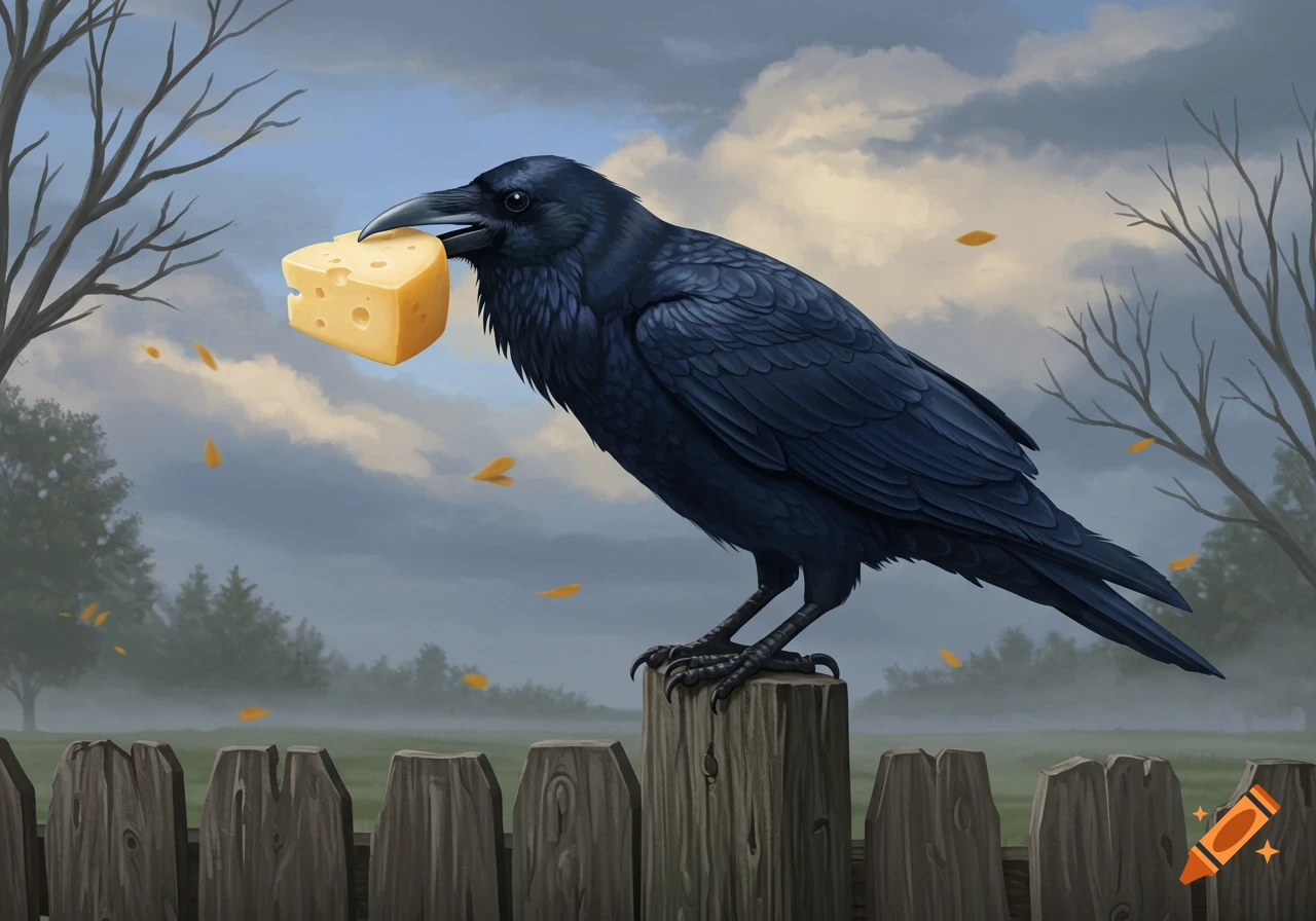 A black crow with a piece of Swiss cheese in its beak perches on a wooden fence post under a cloudy sky.
