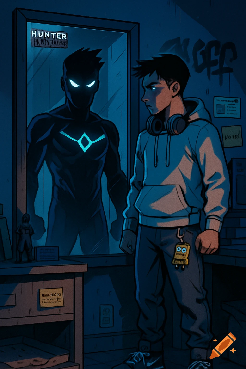 A young man in a hoodie and jeans looks at his reflection in a mirror, which shows a shadowy superhero figure with glowing eyes and chest symbol. Room is dark and messy.