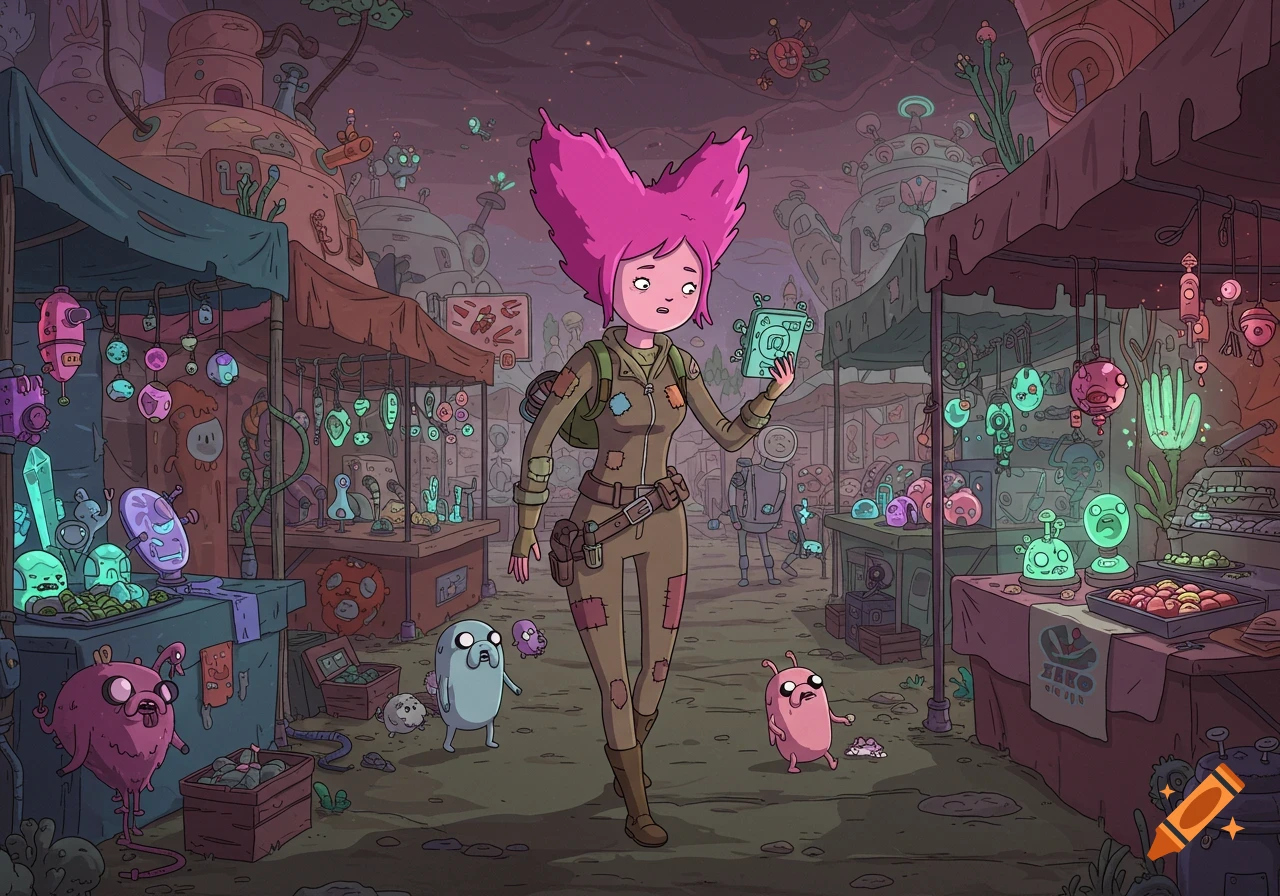 A pink-haired female space rogue in a patched jumpsuit browses futuristic wares at a bustling alien market, in Adventure Time style.