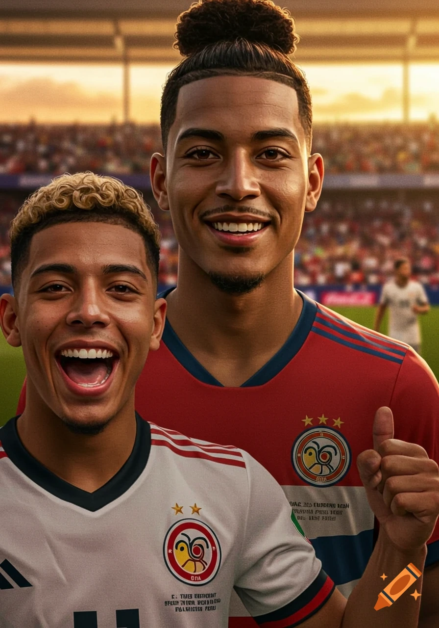 Two smiling male soccer players, one in a white jersey and one in a red jersey, stand on a sunny stadium field.