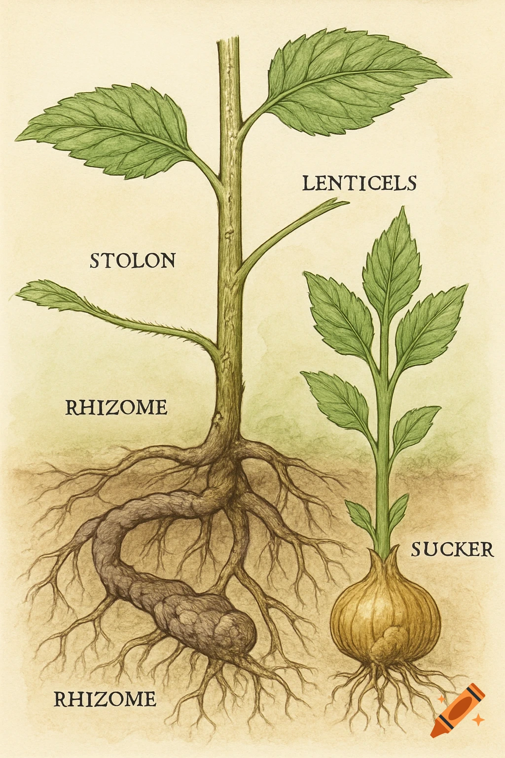 A botanical illustration of a plant showing its various parts, including lenticels, stolon, rhizome, and a bulb labeled 'sucker'.