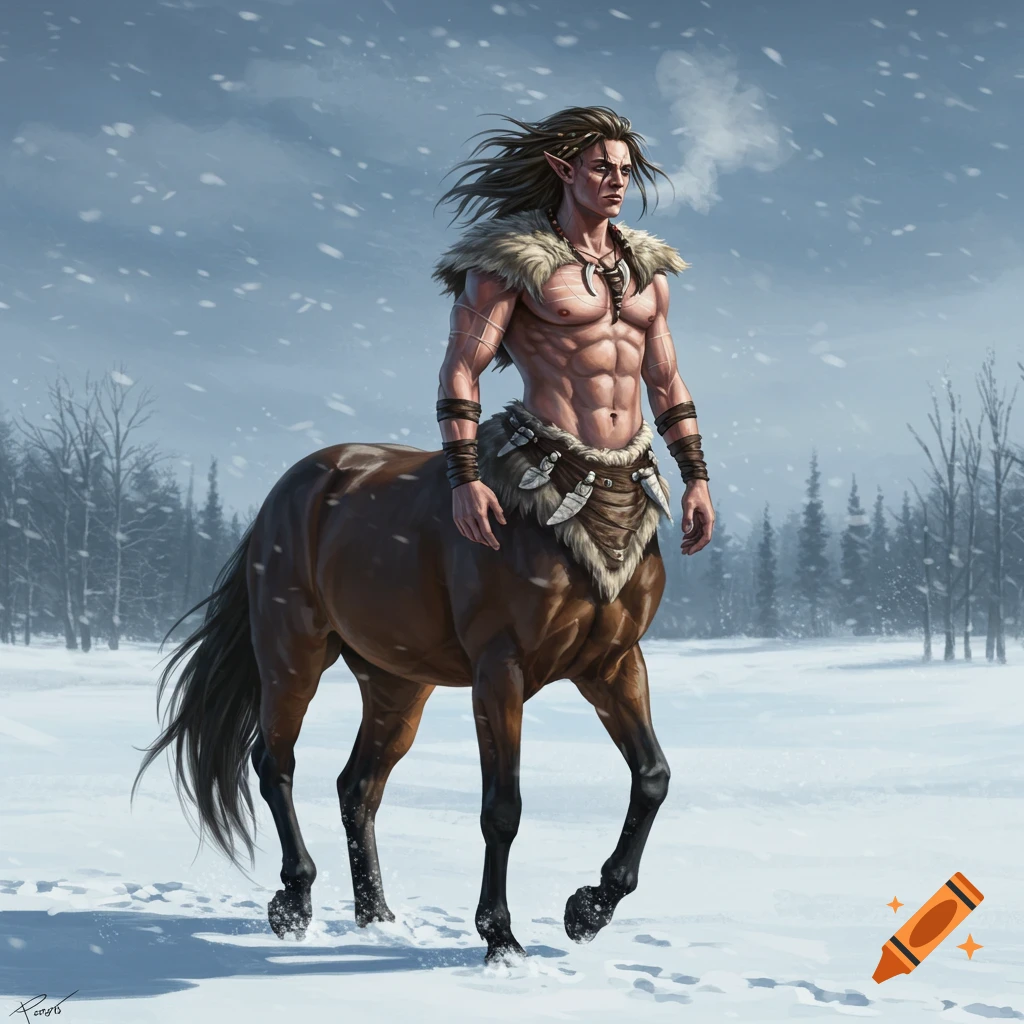 A muscular male centaur with long dark hair and fur attire walks through a snowy winter tundra with bare trees, realistic fantasy art.